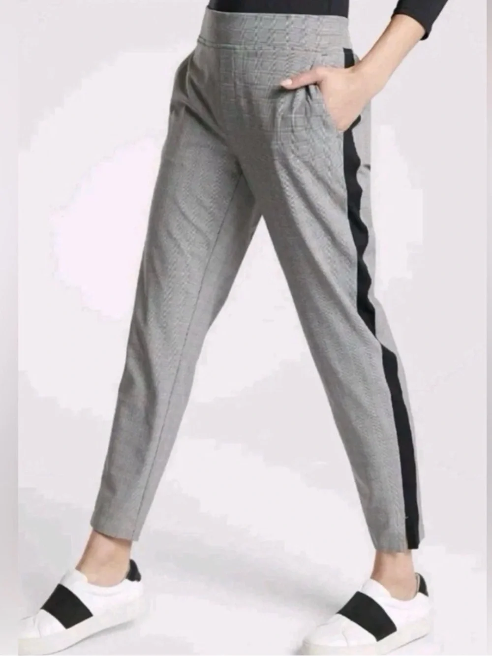 Athleta Brooklyn Plaid Ankle Pants with Black Side Stripe
